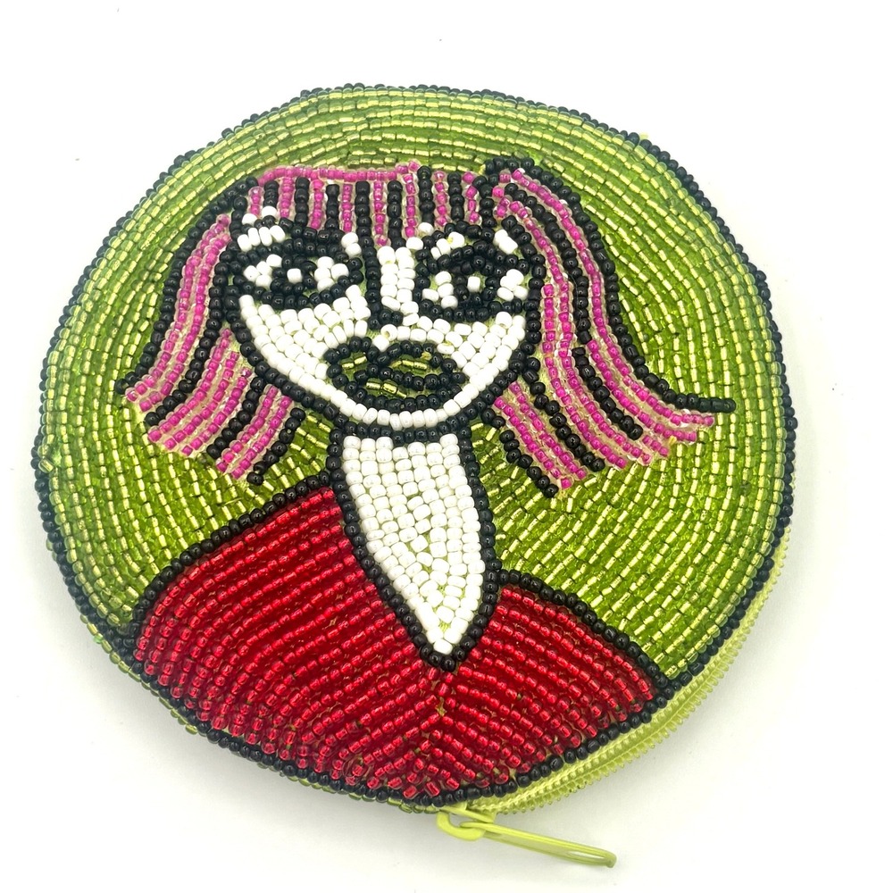 Elissa Bloom New York Hand Beaded Vintage Portrait Coin Purse Green Avant Garde